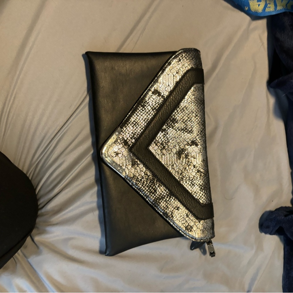 Black Clutch with Silver Snake-Print Accent